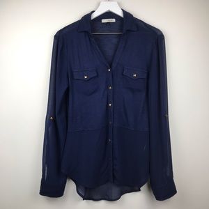 MNK Navy Blue Long Sleeve Button Down w/ Studs